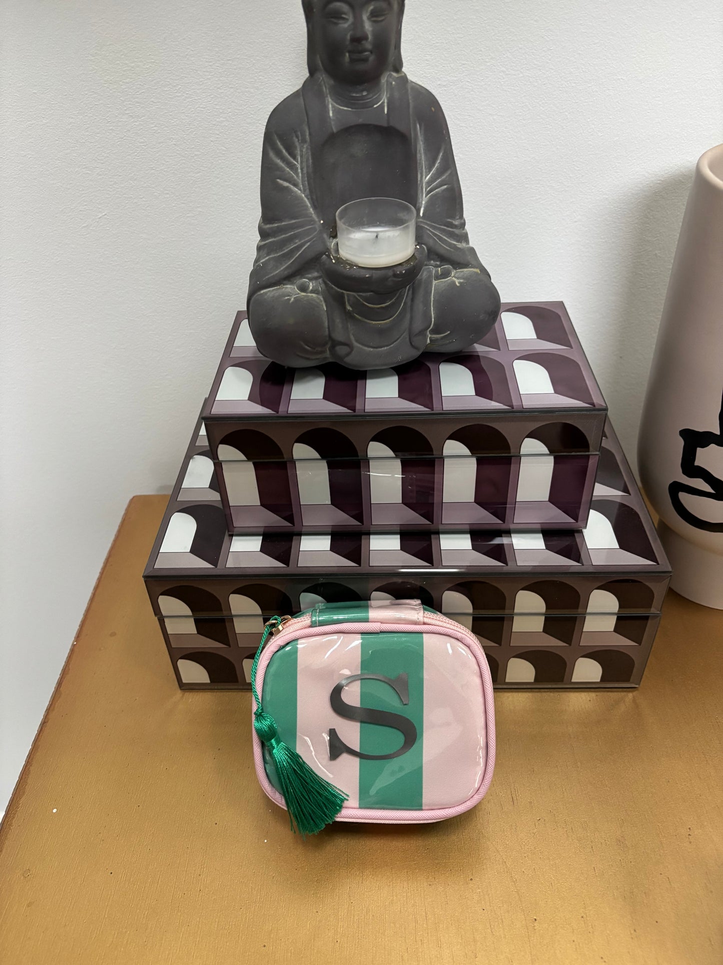 Personalized coated travel jewelry bag with tassel closure- pale pink / green