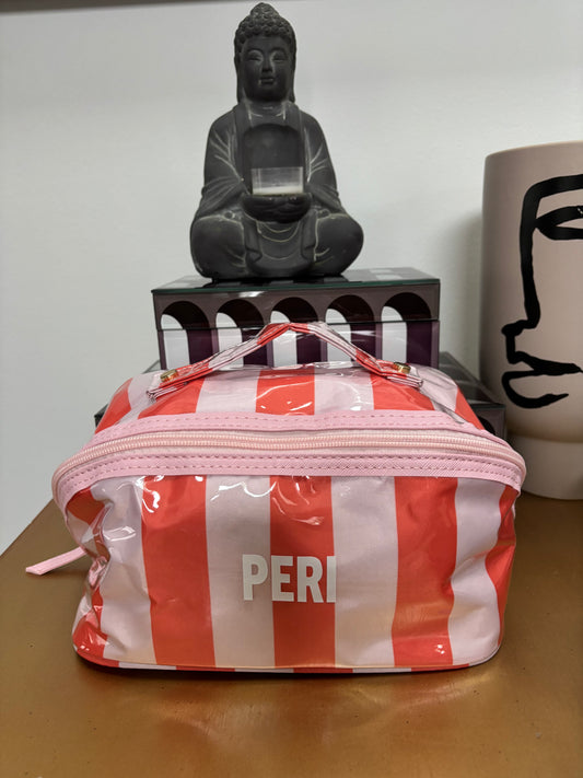 Personalized coated travel makeup bag with 3 compartments - pale pink/red -large