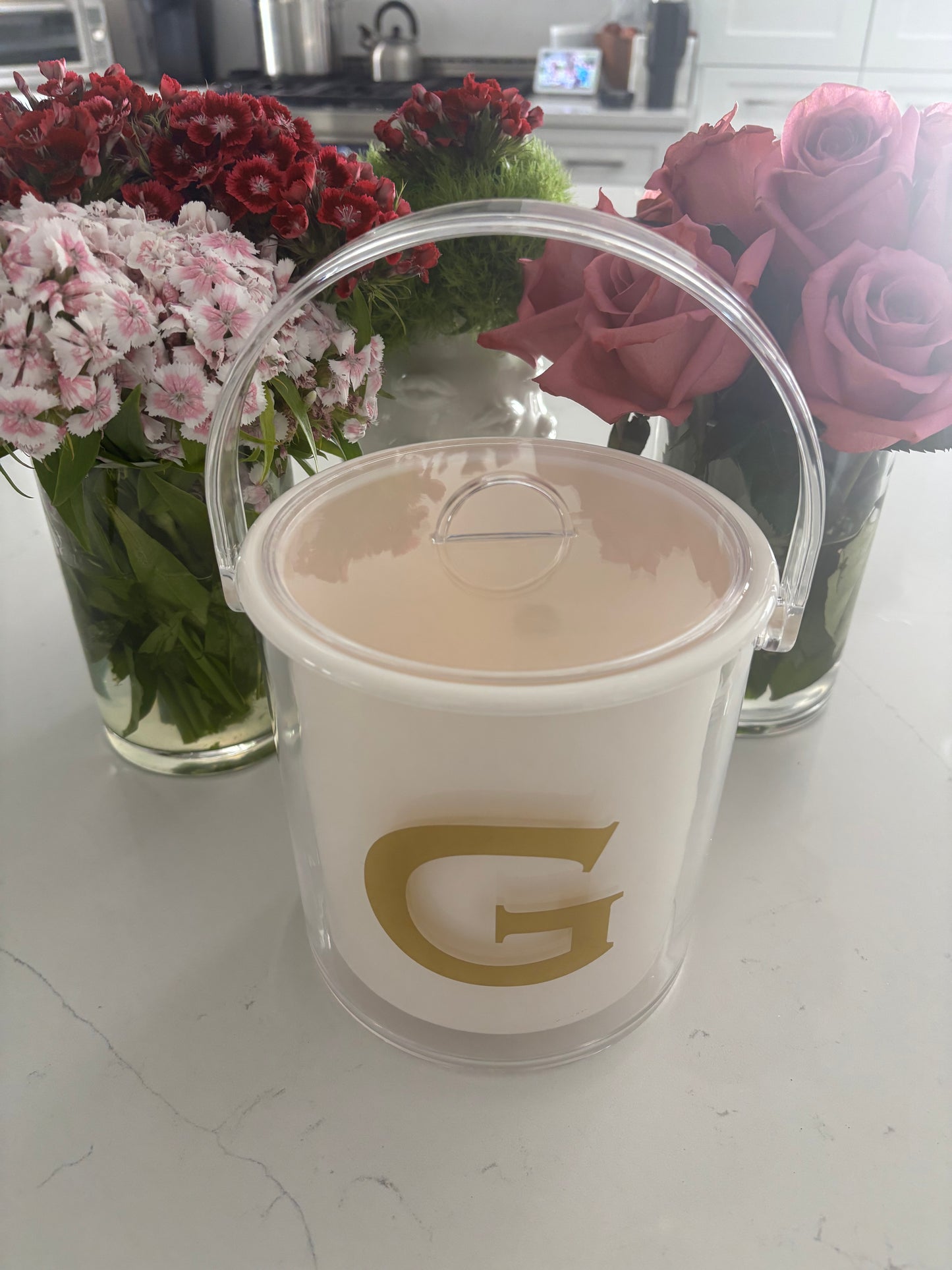 Personalized white acrylic 1 1/2 qt double wall ice bucket - one letter monogram