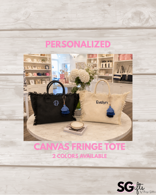 Personalized canvas fringe tote bag 20" x 12" x 8"- 2 colors available