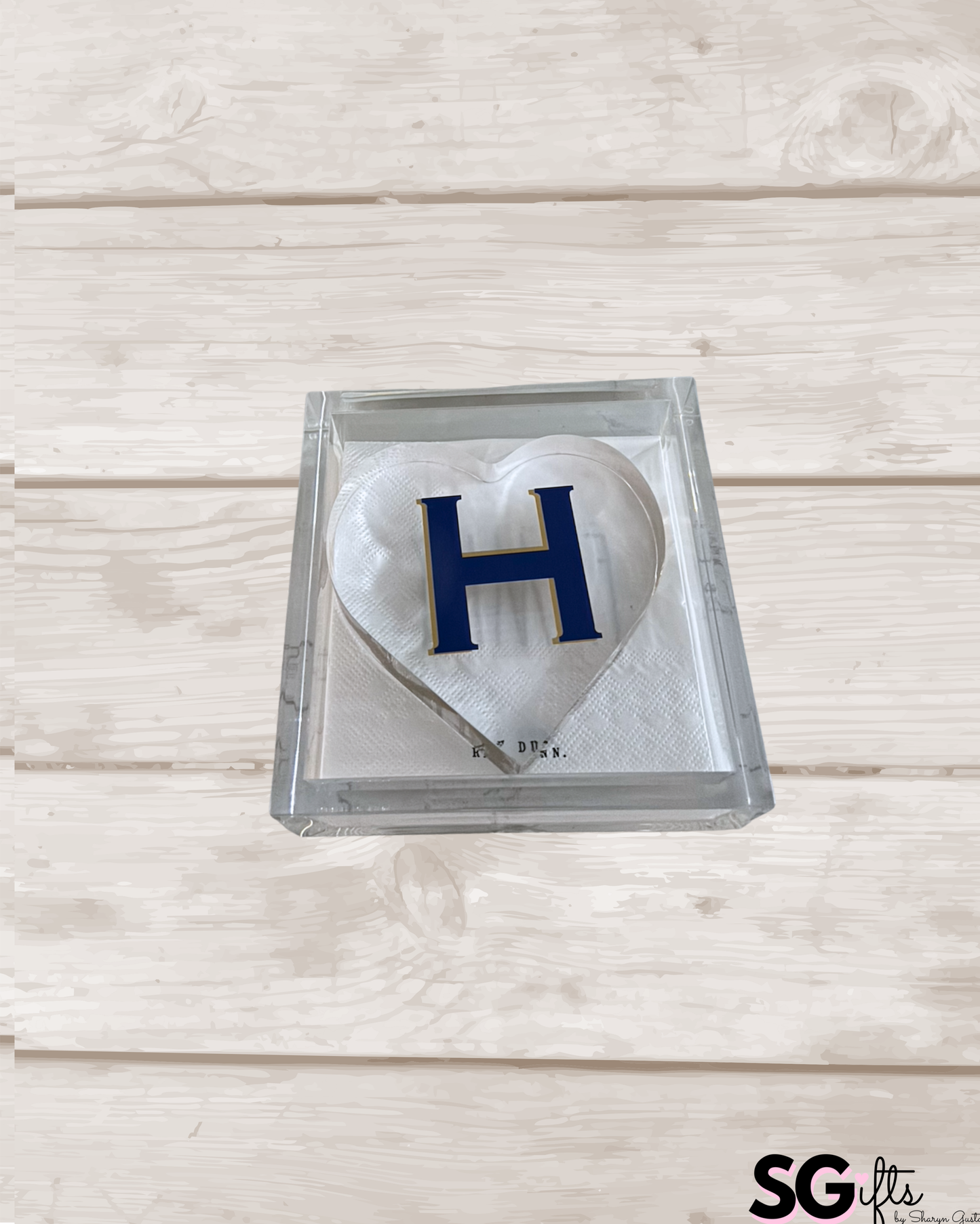6” x 6” acrylic cocktail napkin holder with classic monogram personalized acrylic heart weight