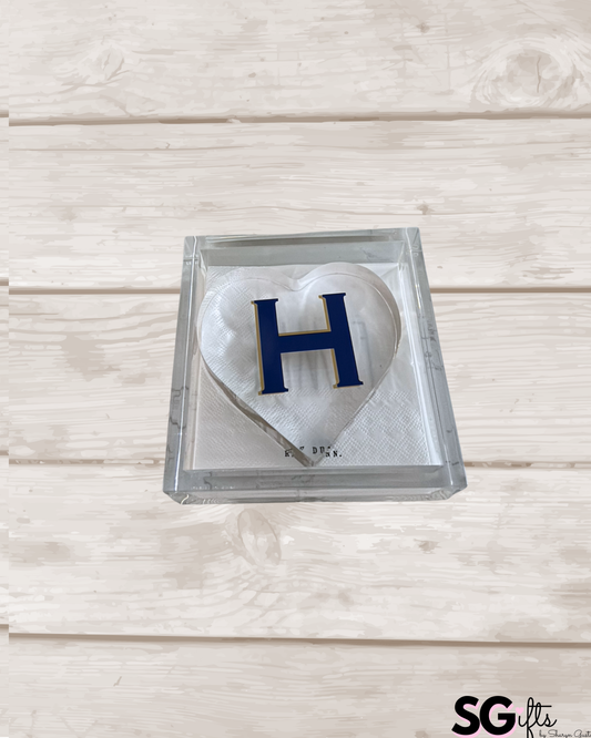 6” x 6” acrylic cocktail napkin holder with classic monogram personalized acrylic heart weight