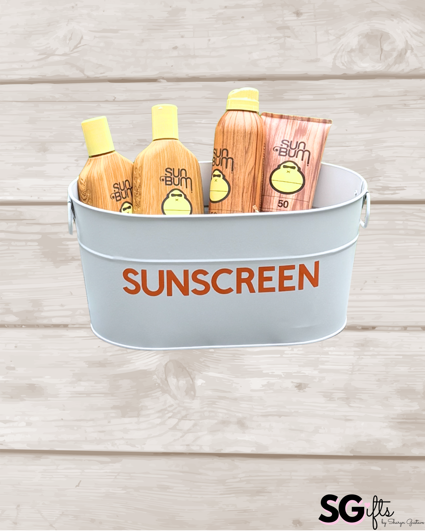 12" white metal tin personalized with SUNSCREEN