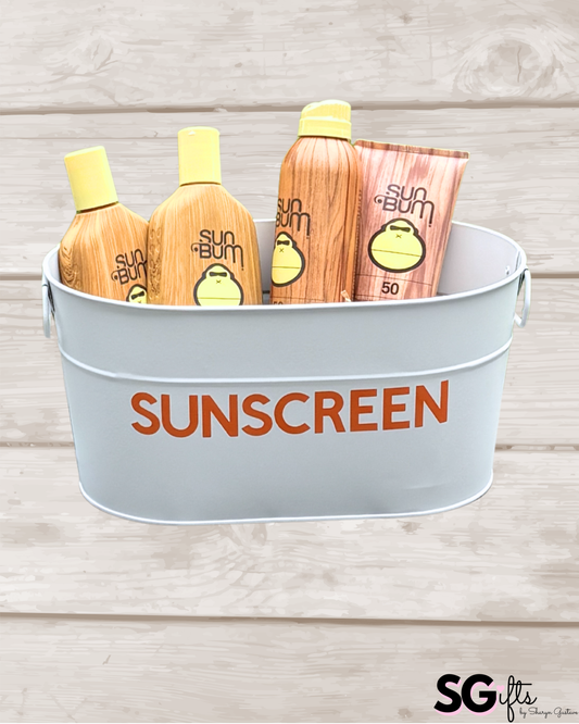 12" white metal tin personalized with SUNSCREEN