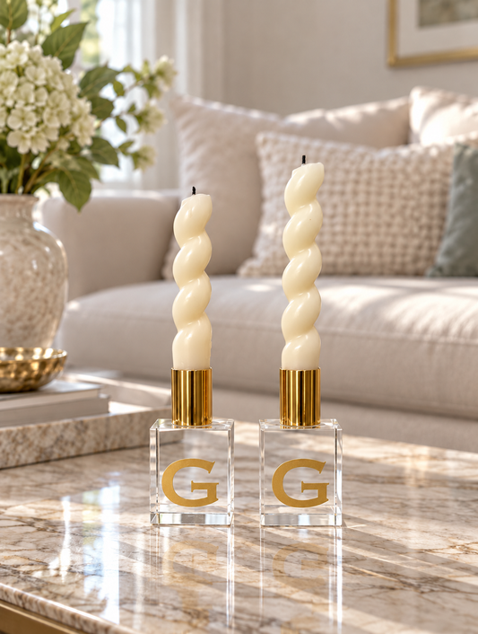 Personalized clear crystal square candleholder with gold accents- clear