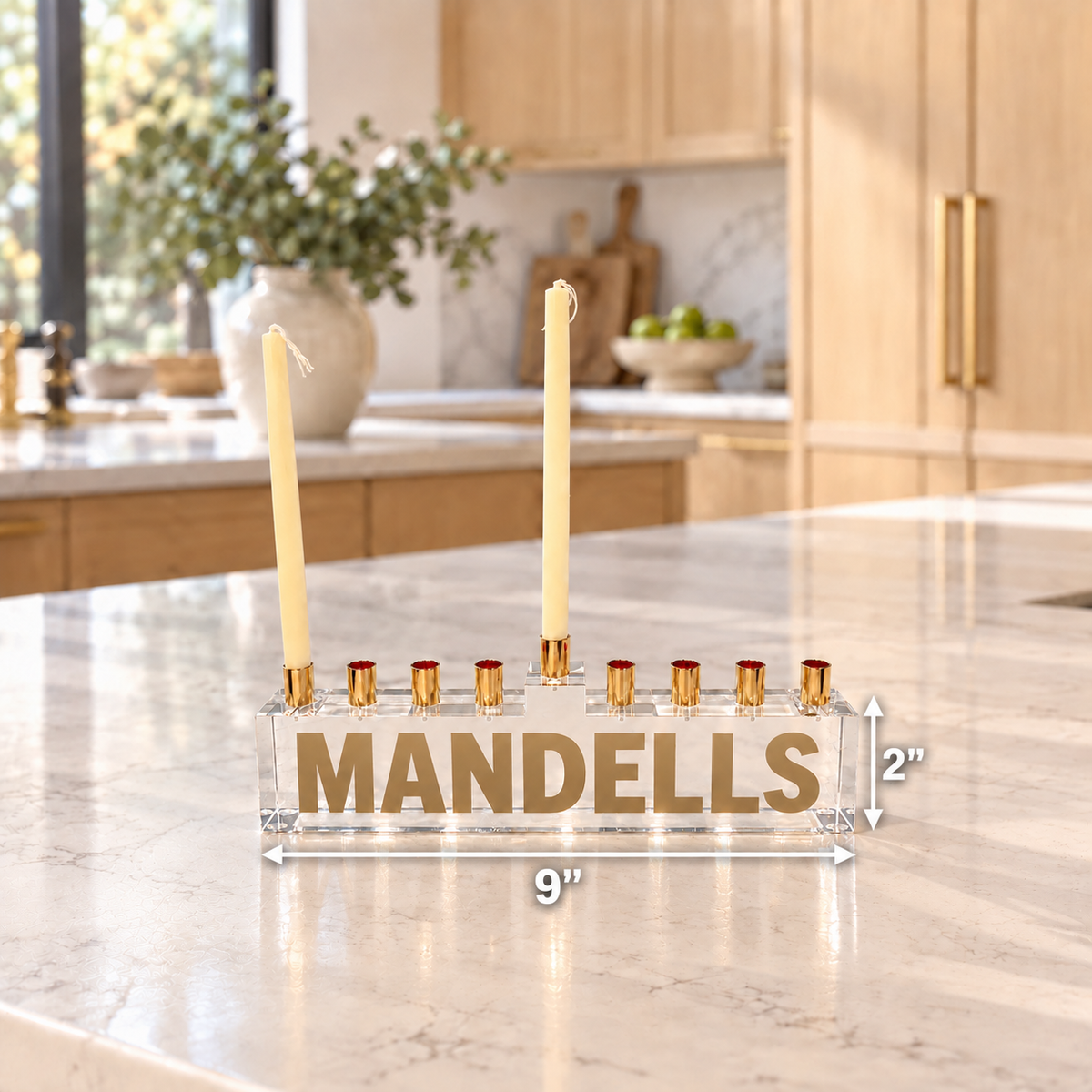 Personalized 9" x 2" clear acrylic menorah (candles are not included)