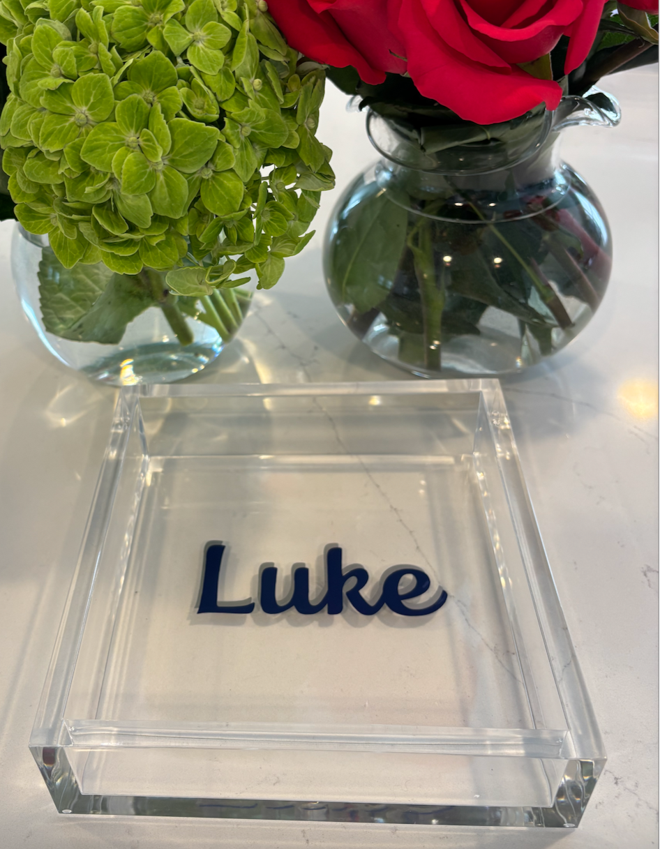 Personalized 6” x 6” acrylic thick catch all tray with your name in the center