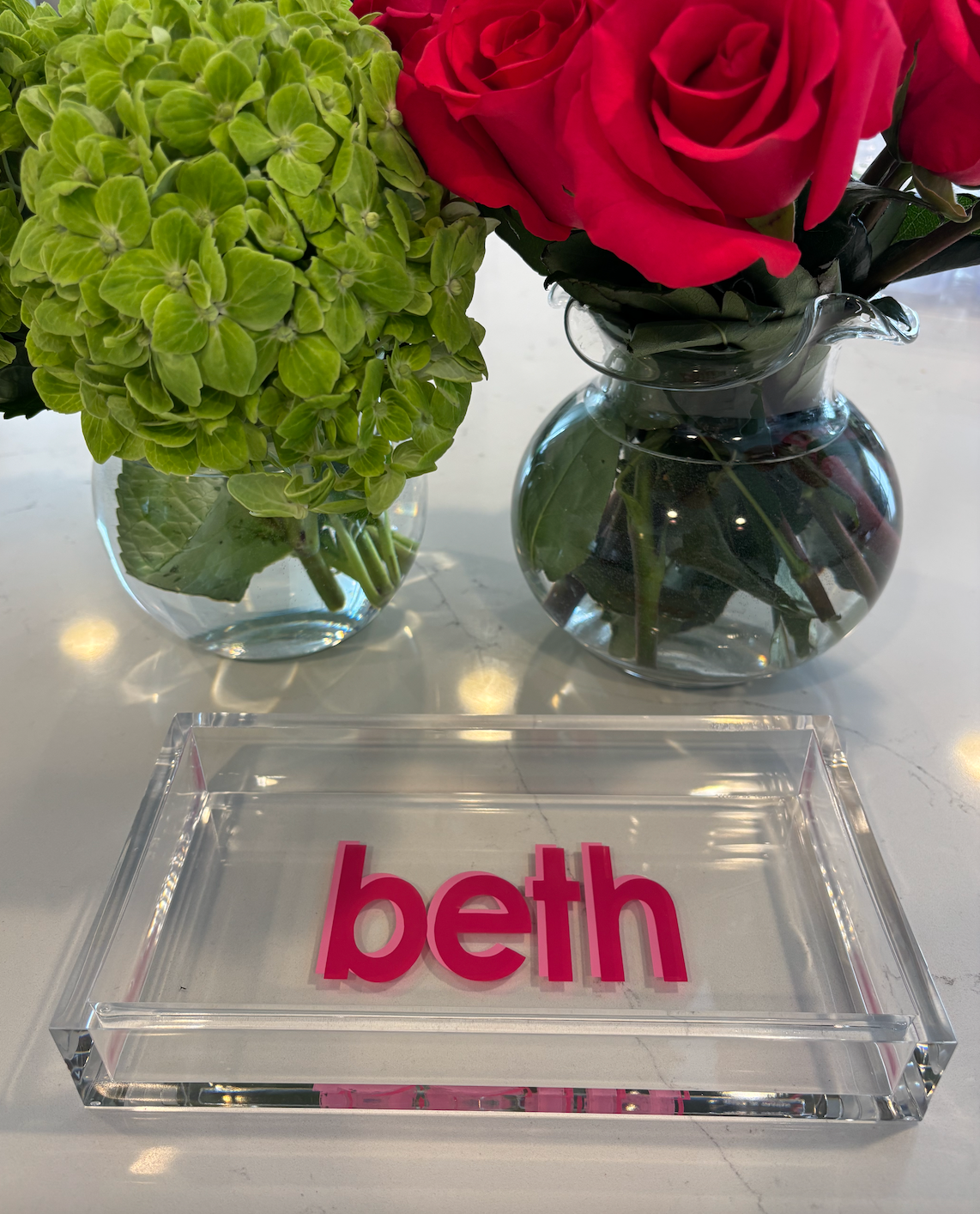 Personalized 5” x 9” acrylic 8mm thick catch all tray with a name in the center