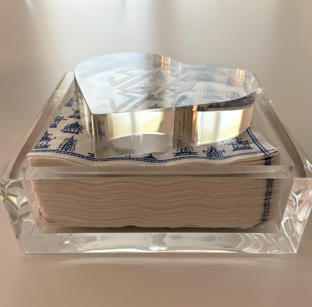 Personalized 6” x 6” acrylic napkin holder with modern monogram acrylic heart weight