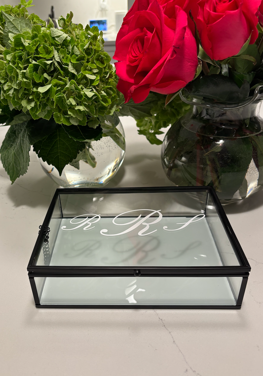 6" x 7.5" personalized glass box with dark hematite metal frame- romantic monogram