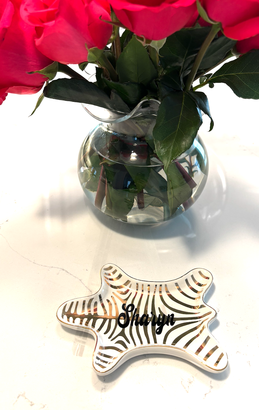 Personalized 4.5” x 7” ceramic gold animal jewelry tray