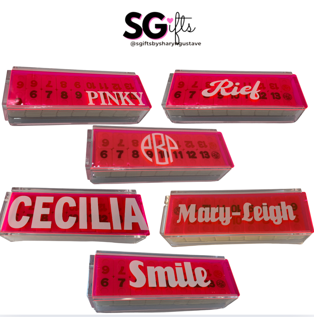 Personalized acrylic rummikub set - transparent hot pink