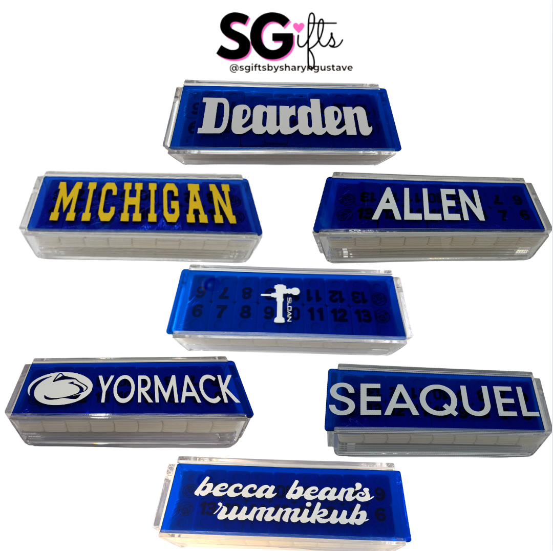 Personalized acrylic rummikub set - transparent blue/ Michigan