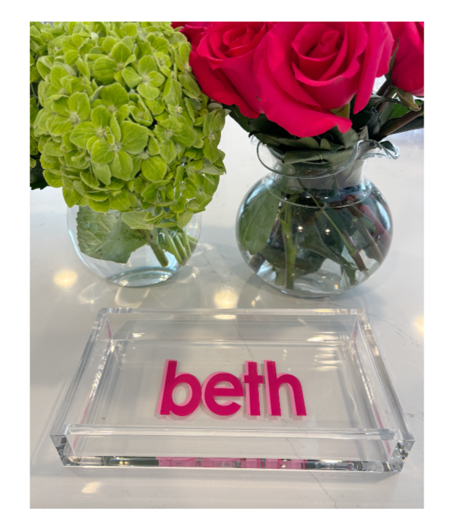 Personalized 5” x 9” acrylic 8mm thick catch all tray with a name in the center