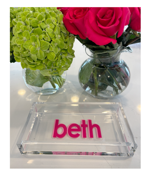 Personalized 5” x 9” acrylic 8mm thick catch all tray with a name in the center