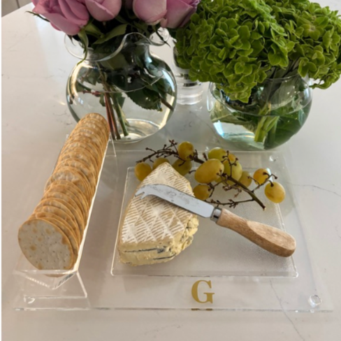 personalized clear acrylic cheese and cracker tray with vinyl monogram