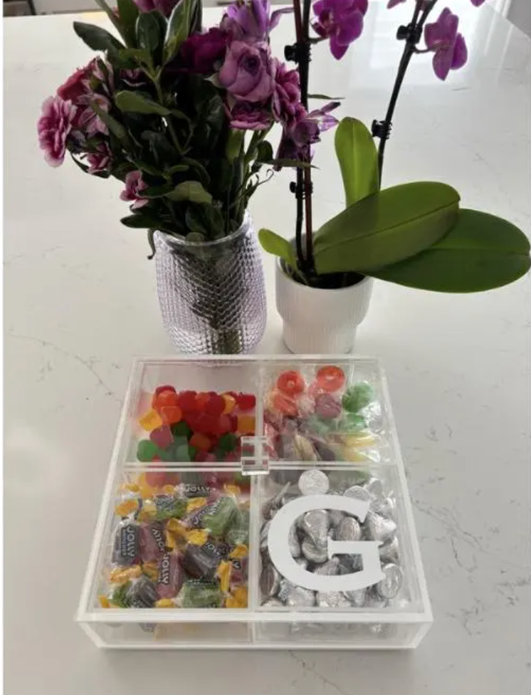 Personalized 4 section clear acrylic serving tray, sold with the candy , sections are removable