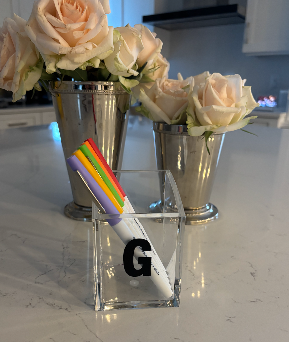 Personalized 2" x 3"  acrylic pencil/ pen organizer with 1 letter monogram
