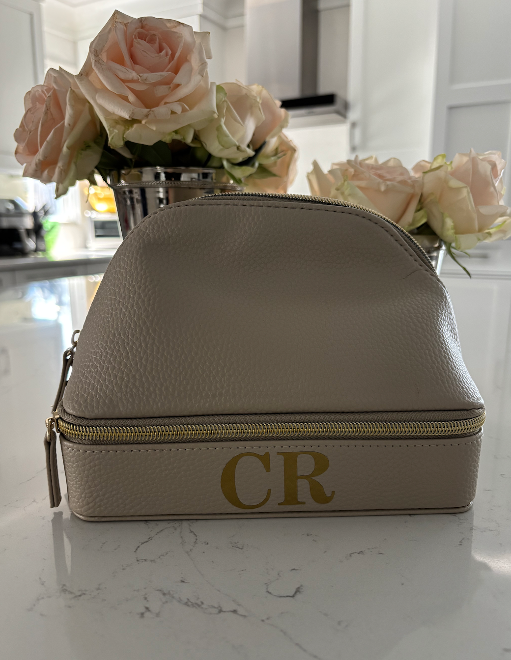 Personalized faux leather beige dual travel bag- 7" x 7.5"