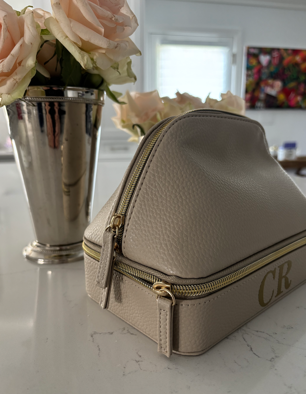 Personalized faux leather beige dual travel bag- 7" x 7.5"