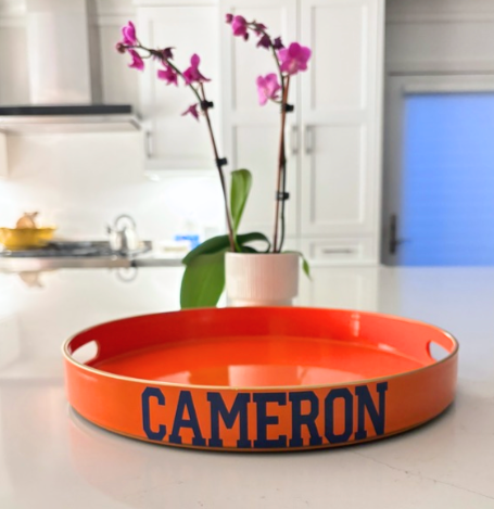 Pesonalized 13" opaque orange round tray with your name on the side