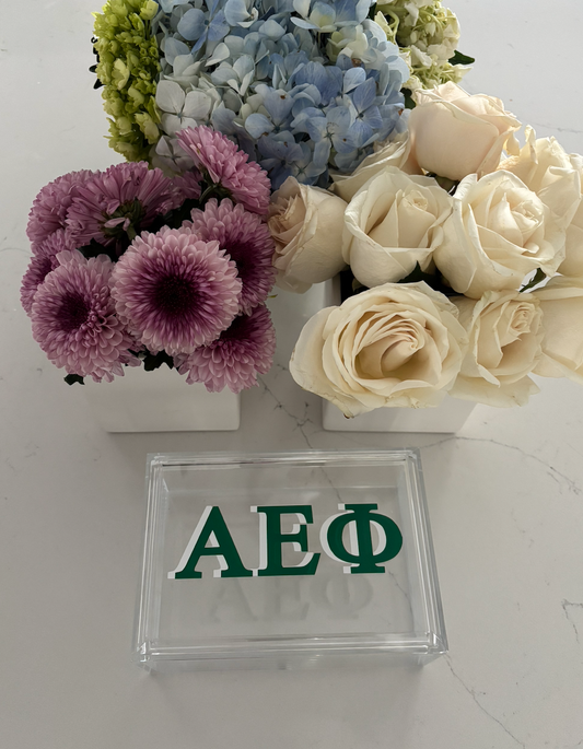 Personalized 4" x 6" clear acrylic catchall jewelry box with removable top- your sorority