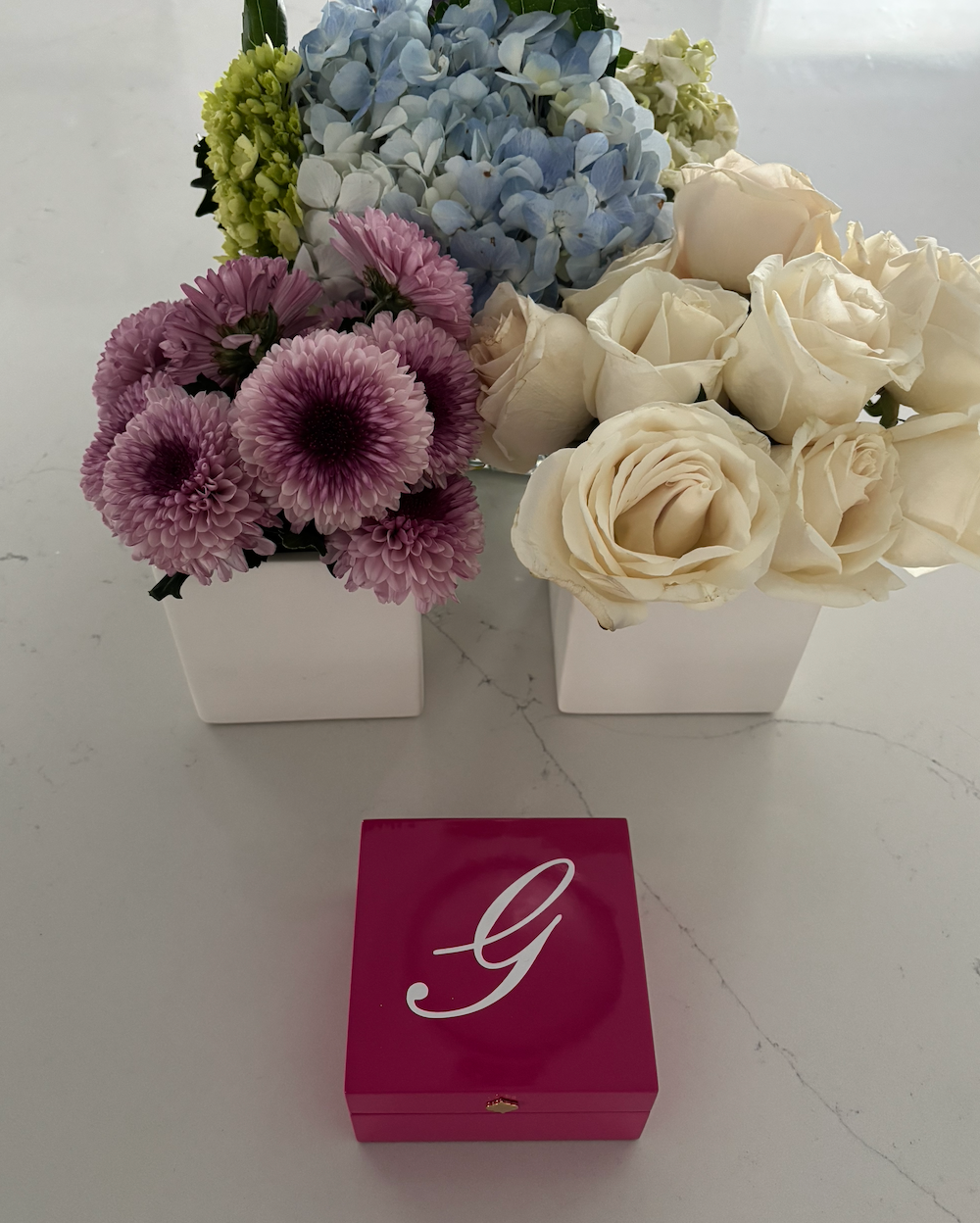 Personalized  4" x 4" bright fuschia keepsake box with monogram or name