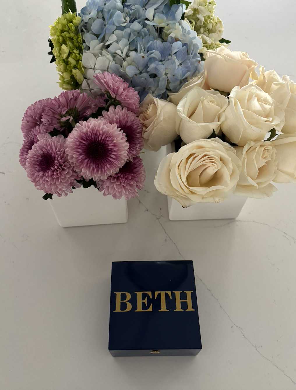 Personalized  4" x 4" bright navy keepsake box with a name or monogram
