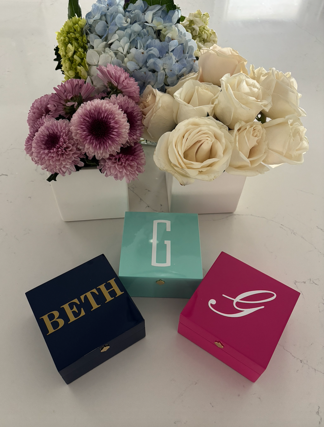 Personalized  4" x 4" bright fuschia keepsake box with monogram or name
