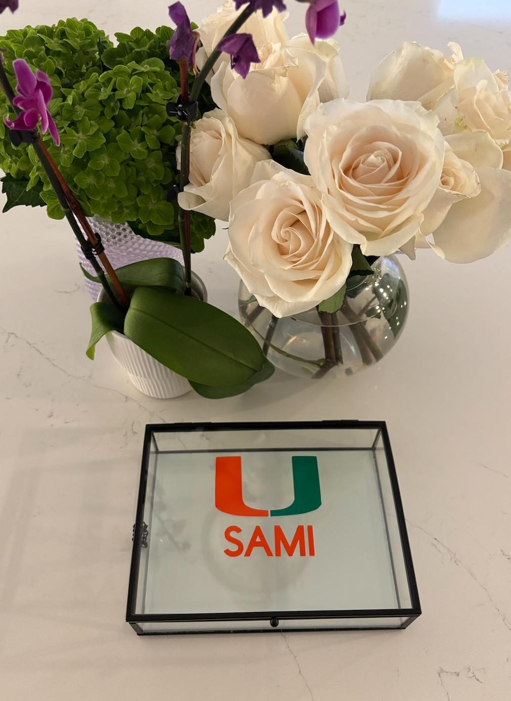 Personalized 6" x 7.5" glass box with dark hematite metal frame- your college and name