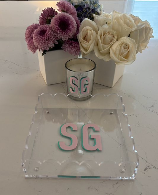 8” x 8” personalized monogrammed acrylic scalloped edge tray with magnetic mat which is perfect for photos