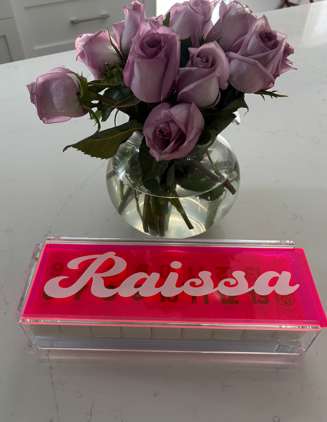 Personalized acrylic rummikub set - transparent hot pink