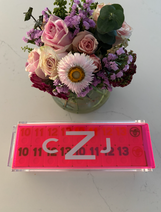 Personalized acrylic rummikub set - transparent hot pink
