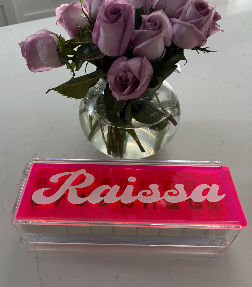 Personalized acrylic rummikub set - transparent hot pink