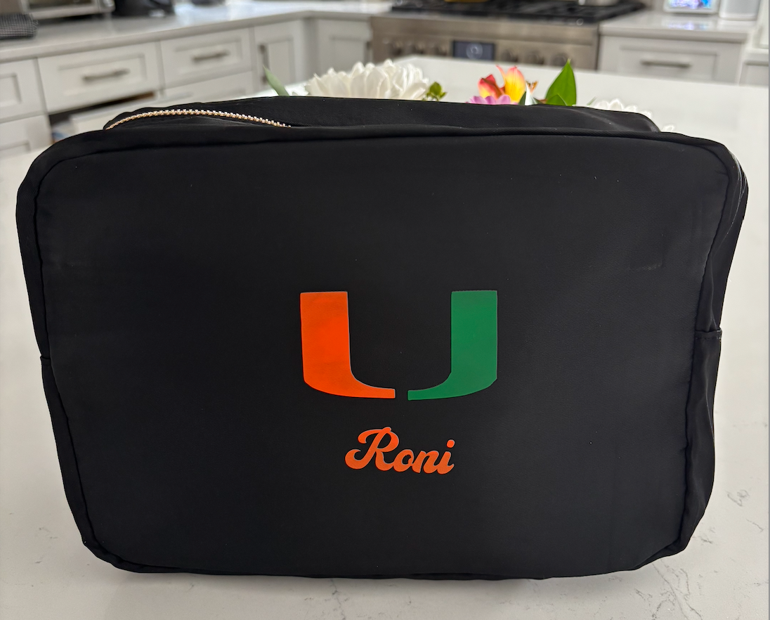 Personalized black nylon makeup bag with your college and name