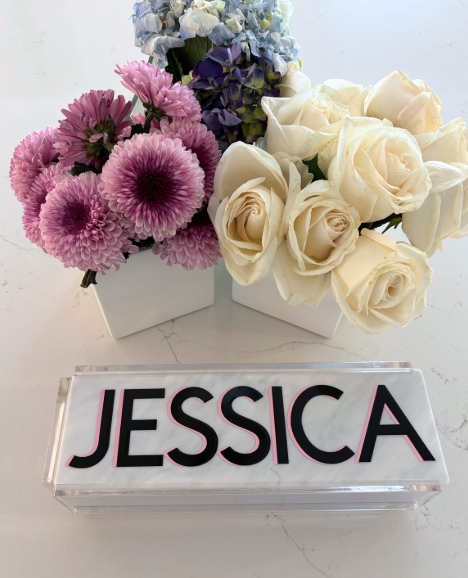 Personalized acrylic rummikub set - opaque white marble