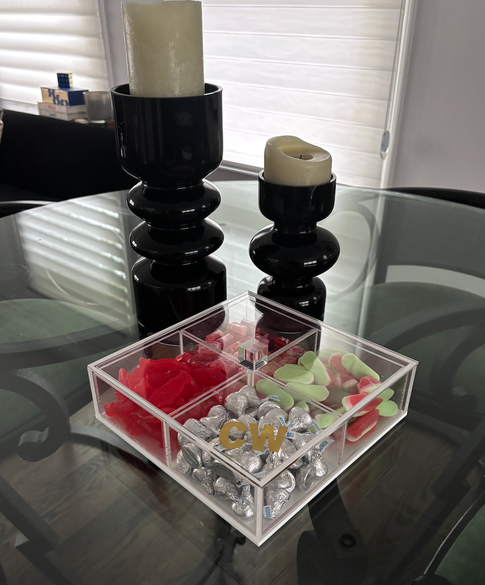 Personalized 4 section clear acrylic serving tray, sold with the candy , sections are removable