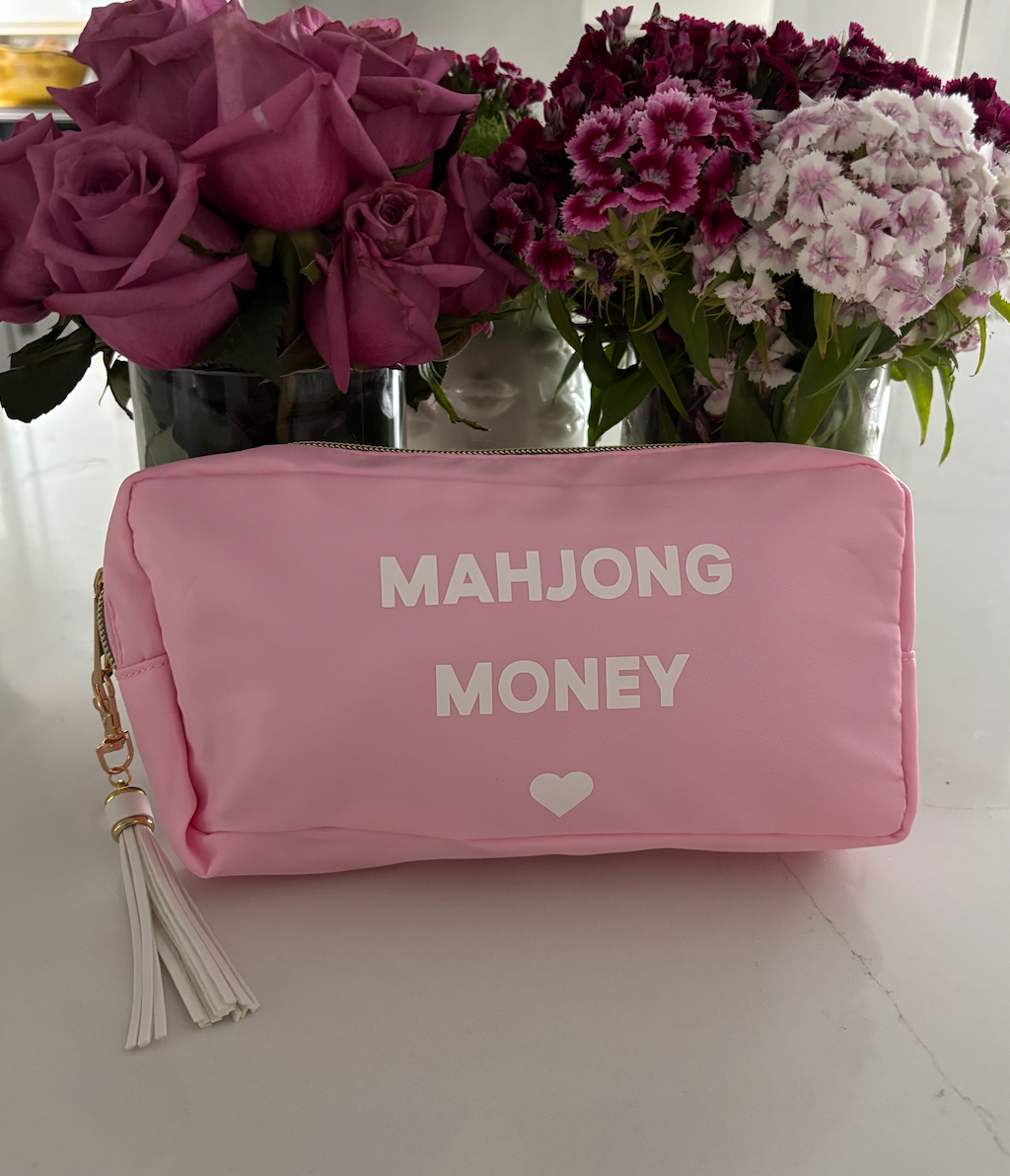 pale pink nylon mahjong money bag with tassle 5" x 9" x 2"
