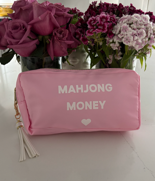pale pink nylon mahjong money bag with tassle 5" x 9" x 2"