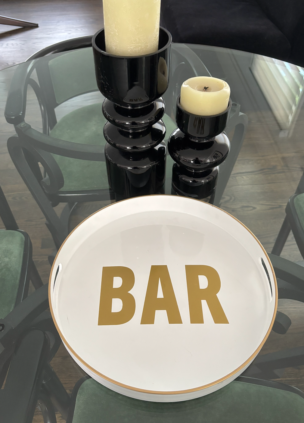 Personalized 13" opaque white round tray with bar in the center