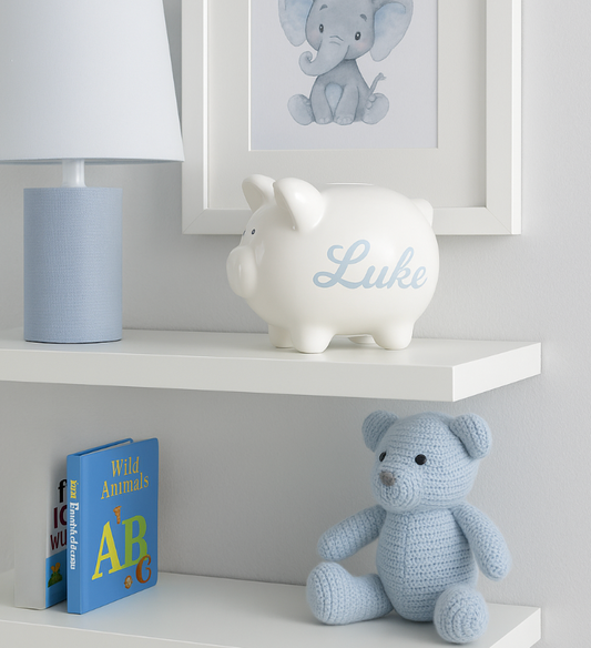 Personalized white ceramic piggy bank 6" x 4.5" x 5"