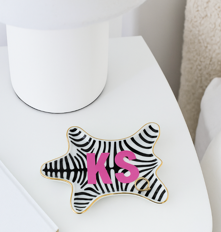 Personalized 4.5” x 7” ceramic black animal jewelry tray with 2 letter monogram
