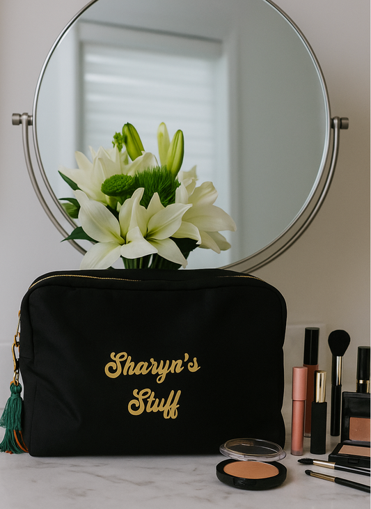 Personalized black nylon black makeup bag  11" x 5" x 7"