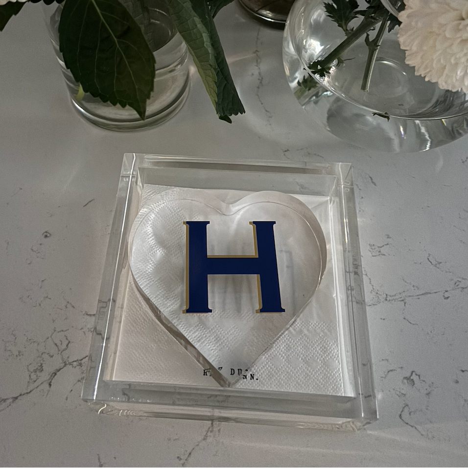 6” x 6” acrylic cocktail napkin holder with classic monogram personalized acrylic heart weight
