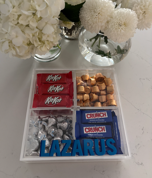 Personalized 4 section clear acrylic serving tray, sold with the candy , sections are removable