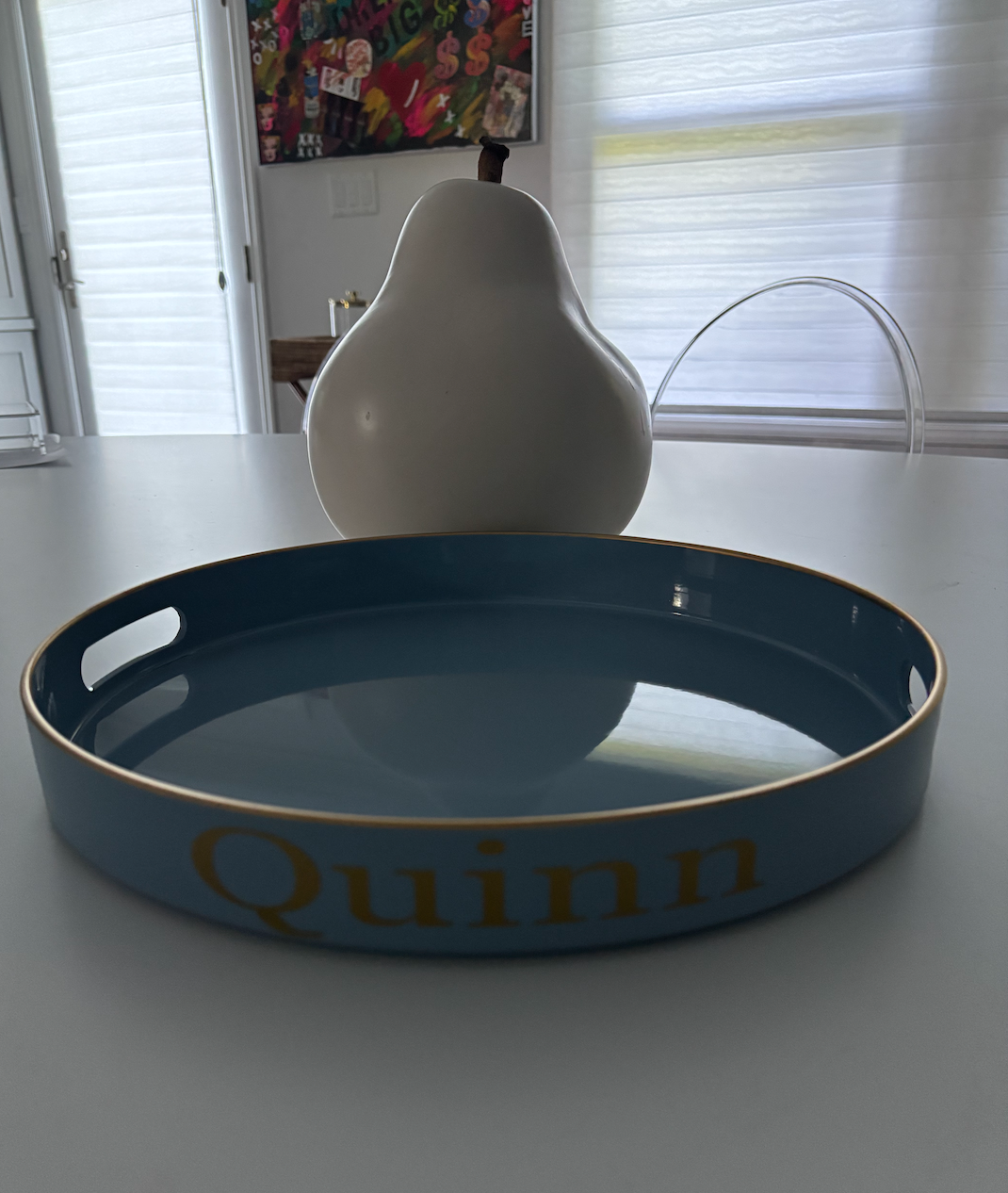 Pesonalized 13" opaque light blue round tray with your name on the side
