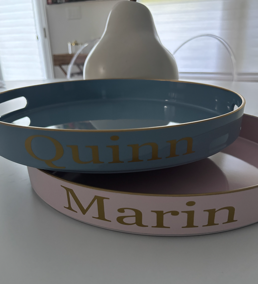 Pesonalized 13" opaque light blue round tray with your name on the side