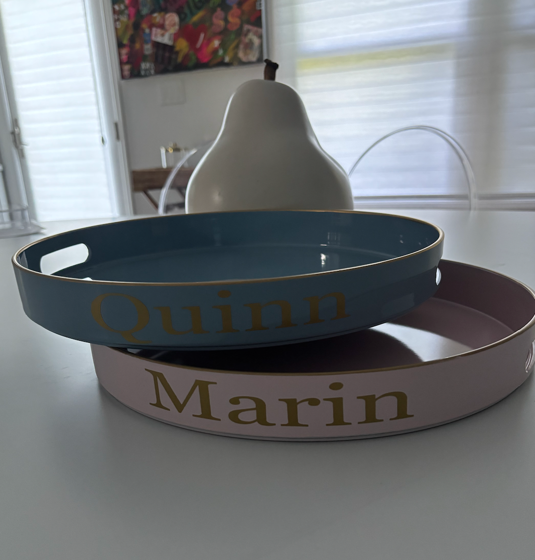 Pesonalized 13" opaque light blue round tray with your name on the side