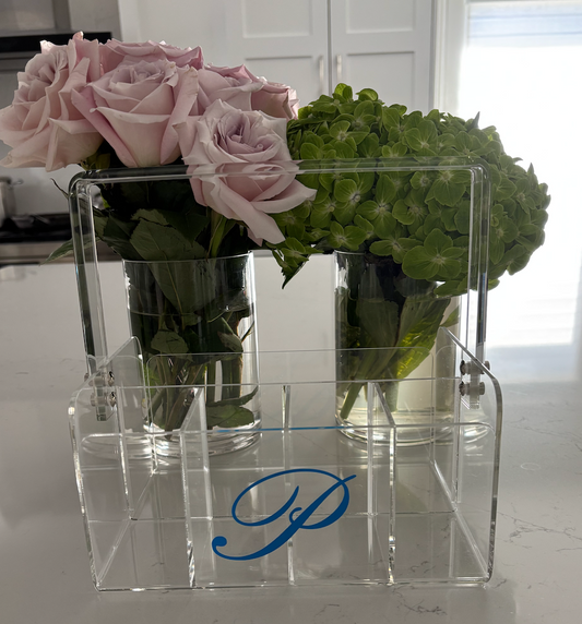 Personalized clear acrylic silverware caddy - elegant one letter monogram