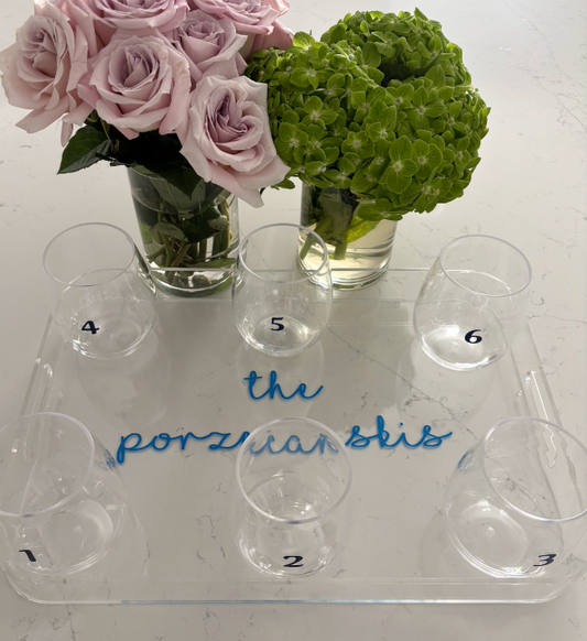 Personalized 11" x 14"  rounded edge acrylic tray with vinyl with 6 acrylic stemless wine glasses